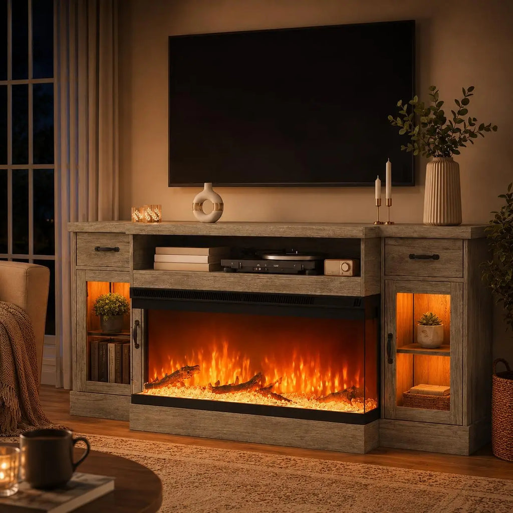 70" Farmhouse TV Stand with 3-Sided Electric Fireplace, Wash Grey