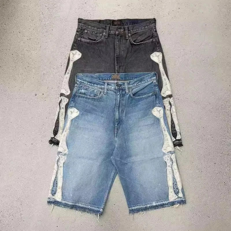 Y2k Retro Harajuku Denim Shorts Women's Washed Patchwork Tassel American Retro Jeans Men's Loose Hip-hop Bone Denim Shorts 2025
