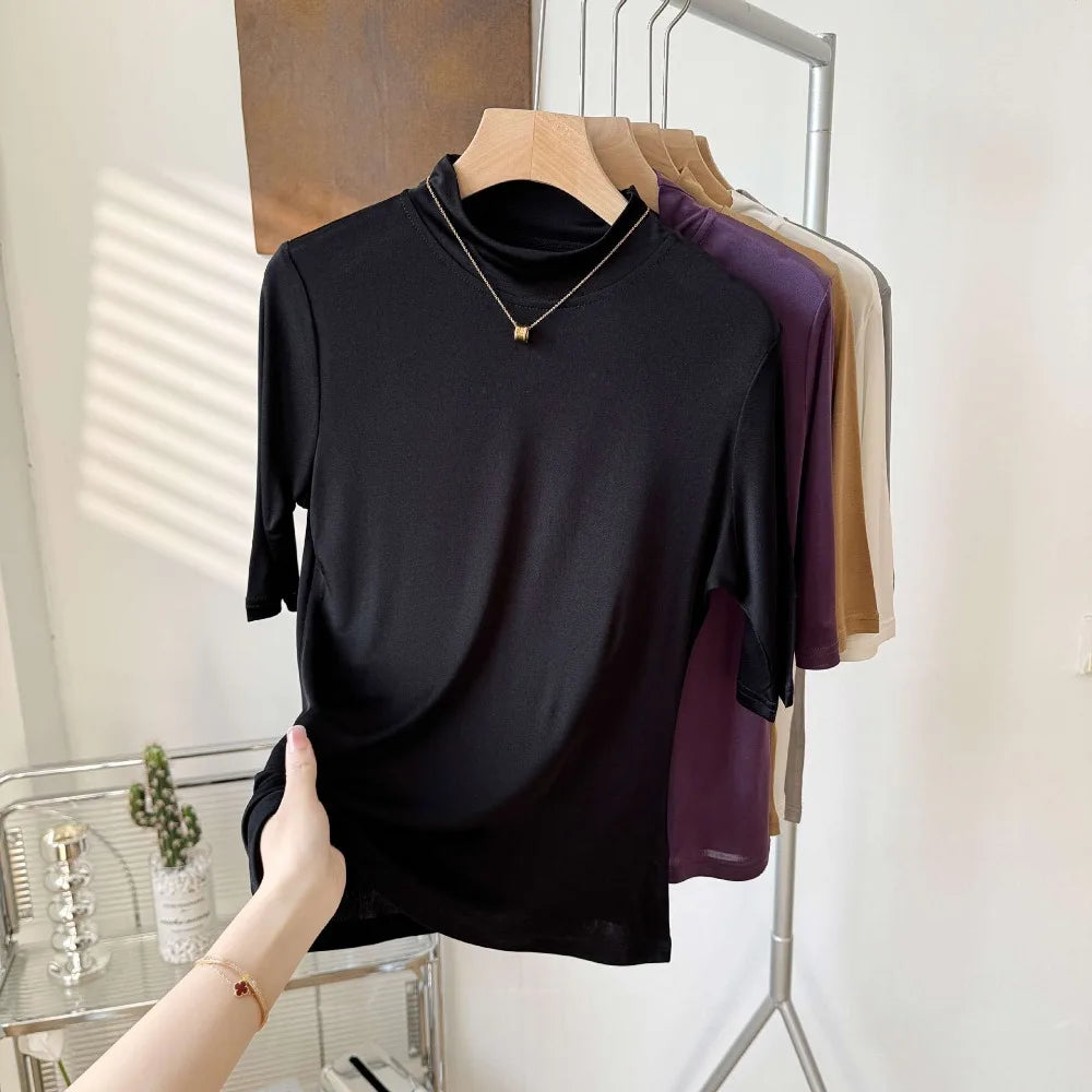 2026 Women's Spring/Summer New 100% Natural Mulberry Silk (Knitted) Basic Solid Color Half High Neck Mid Sleeve Bottom Shirt