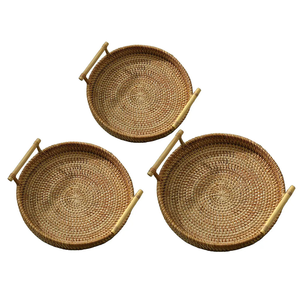 Hand-Woven Basket Storage Tray with Handles Food Tea Decorative