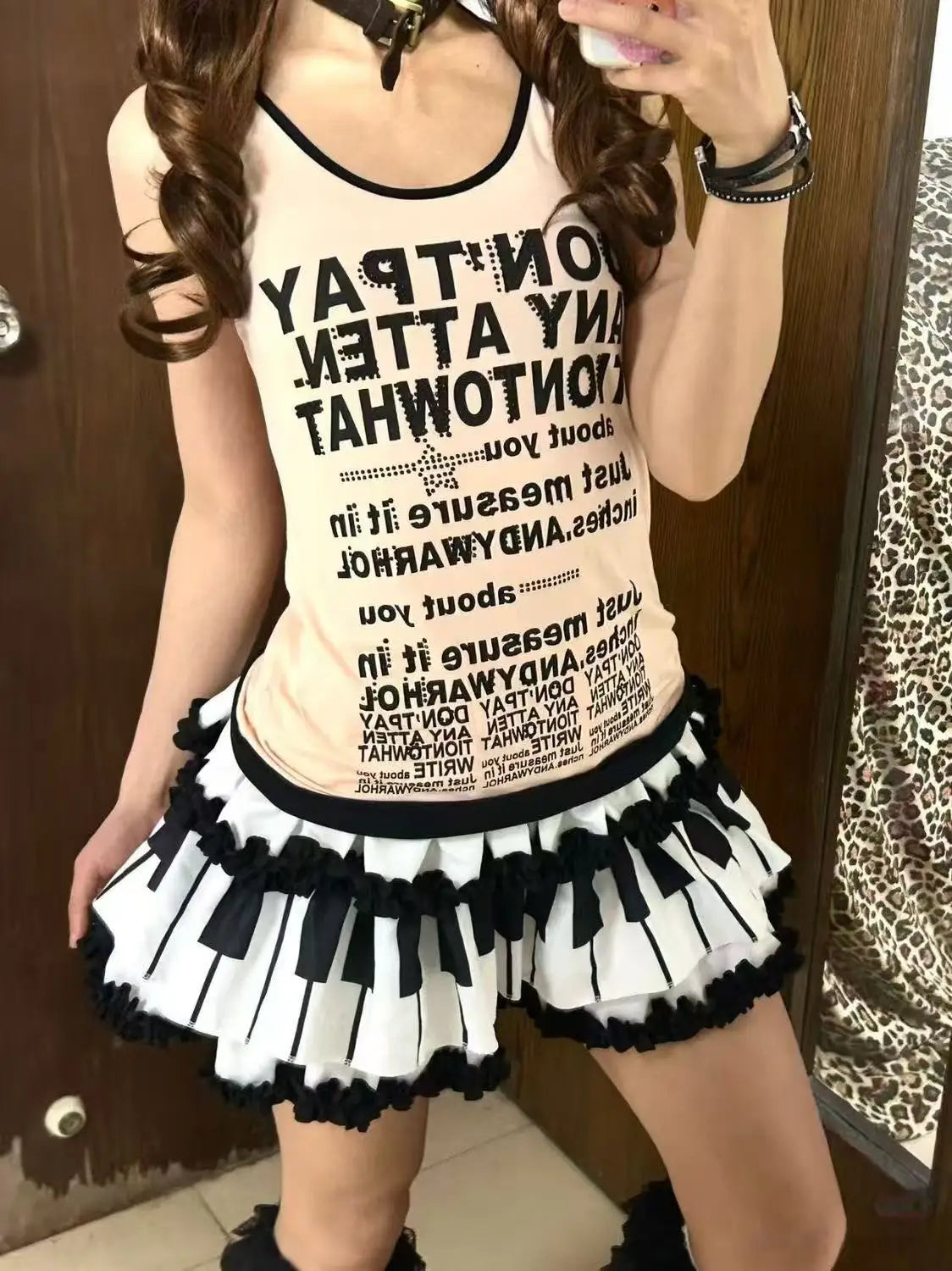 Y2K Black White Print Mini Skirt Women Slim Design Ruffle Layered A Line Skirt Elastic Waist Harajuku Pleated Short Piano Skirts