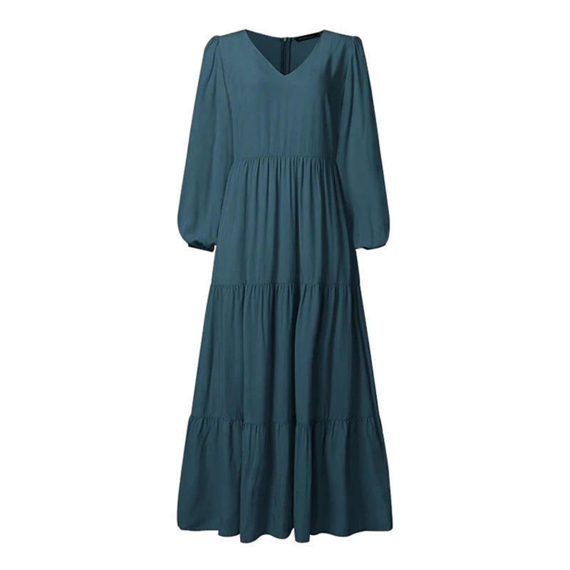 Woman's Solid Color V Neck Dress Elegant A Line Maxi Dress with Pleated Long Sleeves Femme Robe Solid Color Big Swing for Dating
