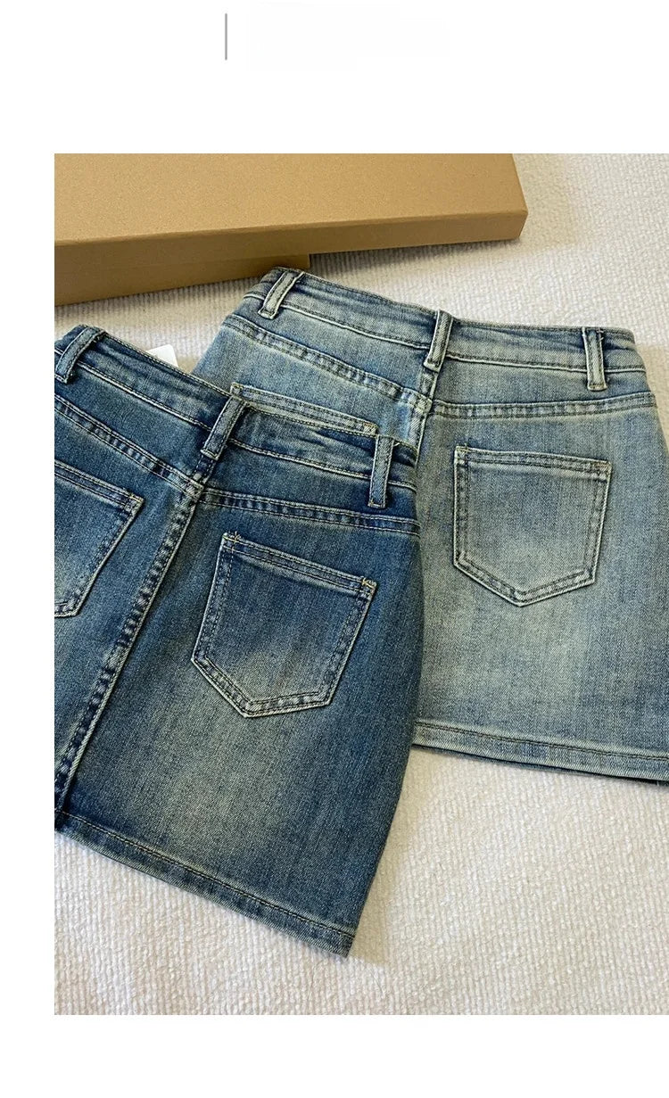 Hot Girl Denim  Skirt Summer plus Size Women's Pear Body Shape Slimming A-Line Short Skirt High Waist Non-Stretch Denim