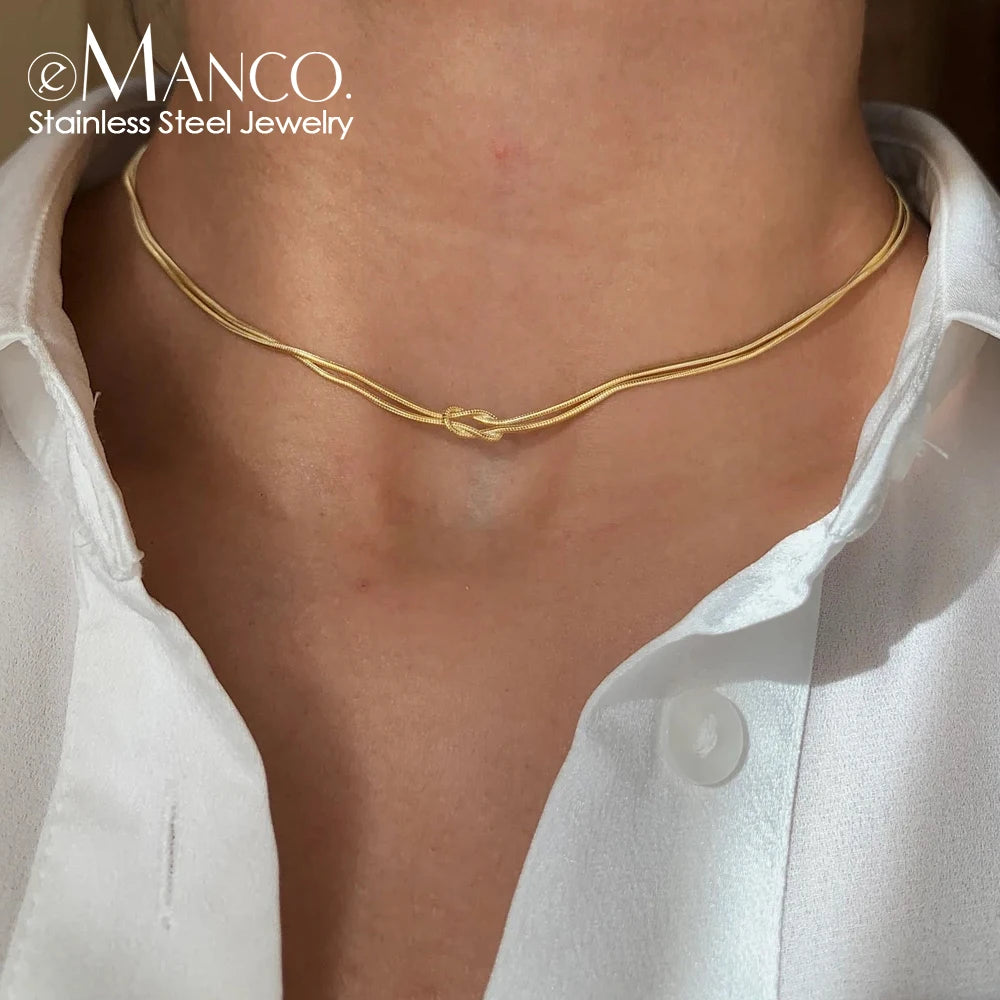Emanco Elegant Minimalist Jewelry Lusterless 14K Gold Plated Knotted Snake Chain Necklace Women'S'S Stainless Steel Accessories
