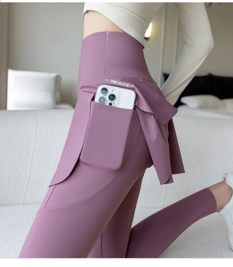 Women Fake Two Pieces Leggings Seamless Fitness Leggings High Waist with Pocket Elastic Slim Fashion Hip Liftting Yoga Pants