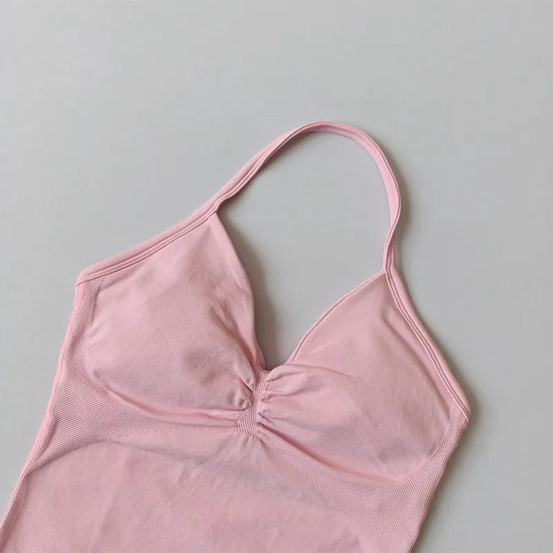 Longline Strappy Seamless Yoga Tank Top Ruched Backless Gym Workout Sleeveless Shirts with Built-in Bra Vest for Women