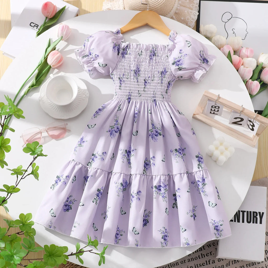 Pink Kids Girl Long Dress Summer Floral Toddler Girls Dresses Cute Sweet Elegant Birthday Party Children Costume 3 4 5 6 7 Yrs