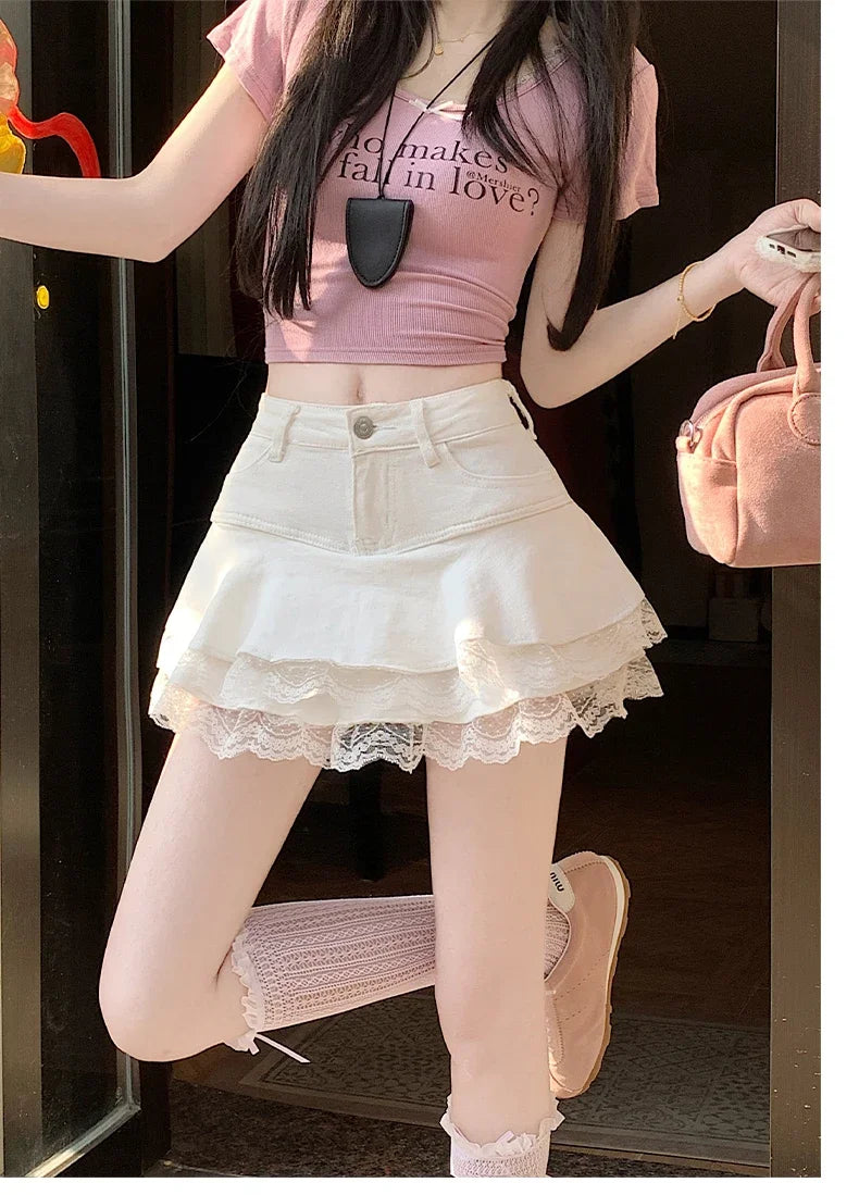Summer Denim Skirt Women Fashion Streetwear Ruffles Kawaii Lace Skirts Shorts Preppy Mini Y2K School Pleated Jeans Skirt 2026