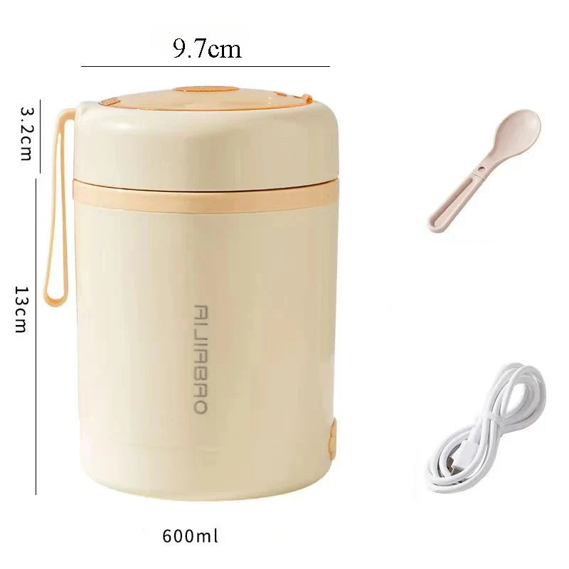Fiambrera Eléctrica Calefactable USB de 600ML, Portátil para Picnic, Calentador de Leche y Alimentos, Contenedor Calentador de Alimentos de Acero Inoxidable 5V 12V 24V