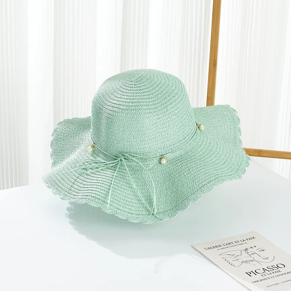 Summer New Children'S Sun Hat Kids Wave Large Brimmed Straw Hat And Bag Sets Girls Sunscreen Beach Hats Baby Hand-Knitted Cap