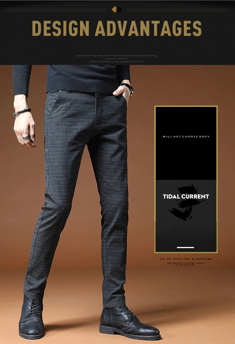 Classic Style Men's Casual Pants Fashion Striped Plaid Business Straight Slim Casual Pants Black Blue Gray Brand Men Trousers