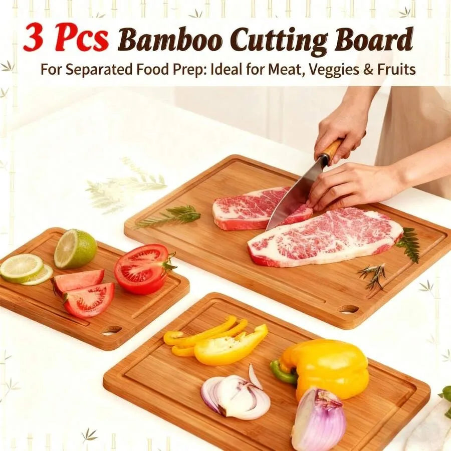 Deep Carbonized Bamboo Cutting Board Set, Designed For Kitchen Use, Paired With Wooden Storage Rack; Double-Sided For Separate Handling Of Cooked Food, Features Oil Draining Groove And Ergonomic Handle, Protects Knives,