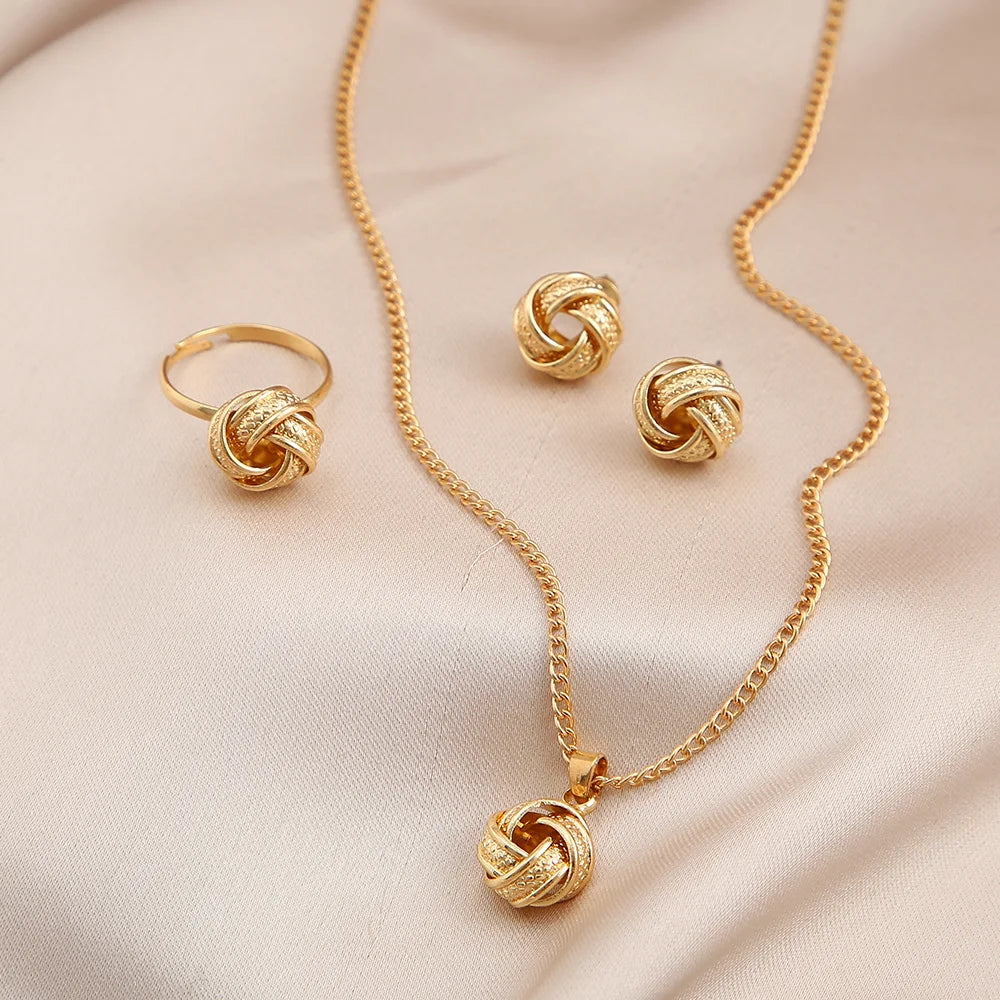 Gold Color Alloy Metal Twist Lucky Knot Earrings Necklace Ring Jewelry Set For Women'S Girls Trendy Geometric Vintage Accesories