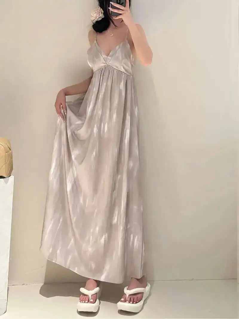 Summer New French Suspender Dress Elegant Gentle Temperament For Women Long Dresses Slim Fashion Sexy Women Tops Robe VN3H