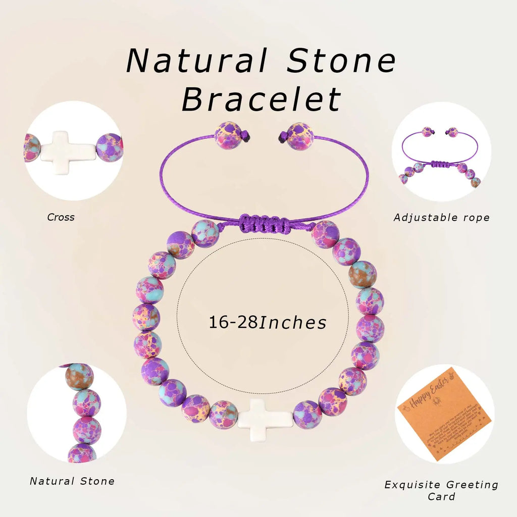 Cross Bracelet For Women'S Adjustable Christian Baptism Religious Natural Stone Beads Bracelet Jewelry For Daily Wear Easter