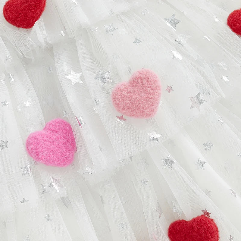 1-9Y Cute Kids Girl Tulle Mesh Lace Dress Bow Front Heart Sleeveless Layered Tulle Dress Plush Heart Ball Cake Dress Costume
