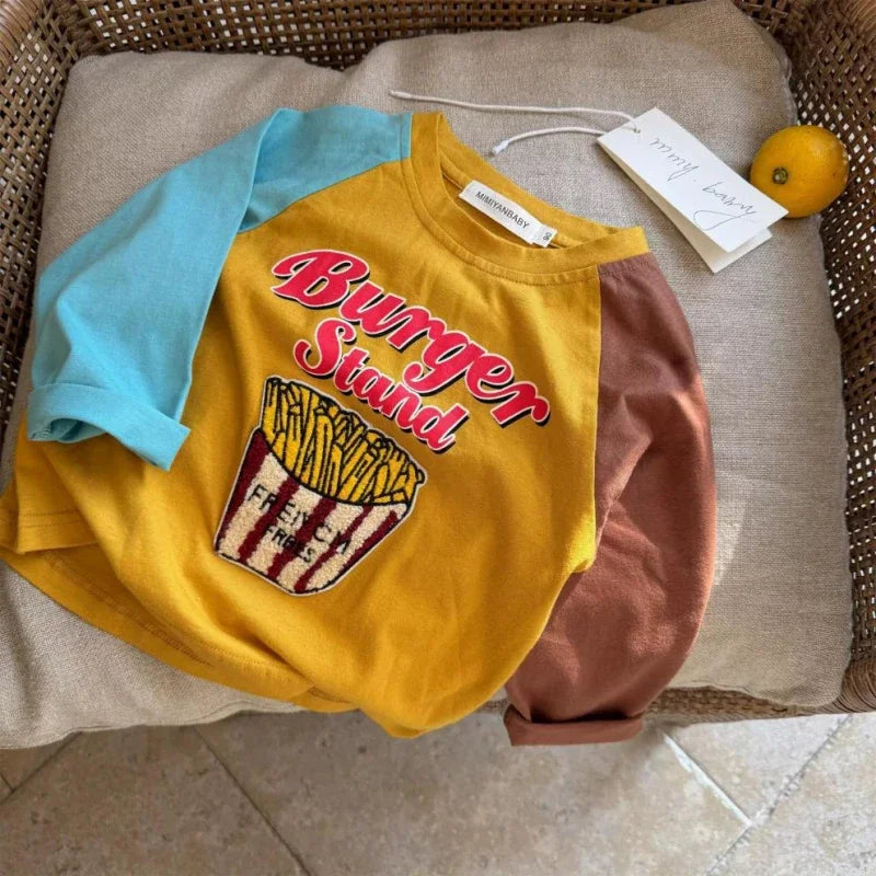Boys Spring Cartoon Splicing T-Shirt Costume Toddler Fashion Cute Round Neck Tees Casual Loose New Long-Sleeved Tops Outer Wear