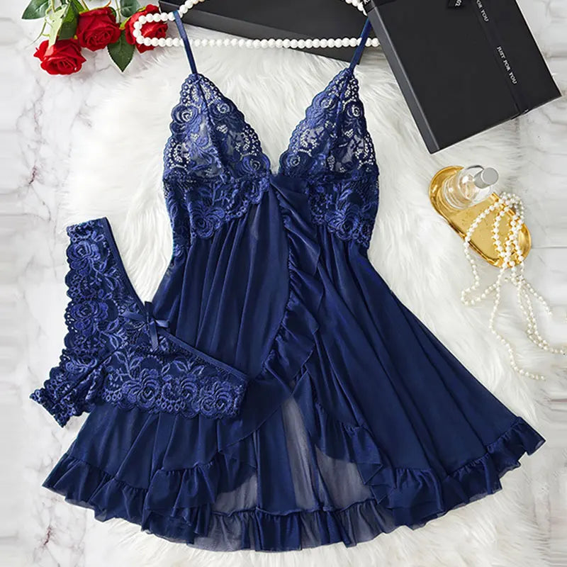 Curves 2-Piece Women's Underwear Set Lace Low-Rise Panties With Nightgown Intimate Apparel Breathable Delicate Summer Lingerie