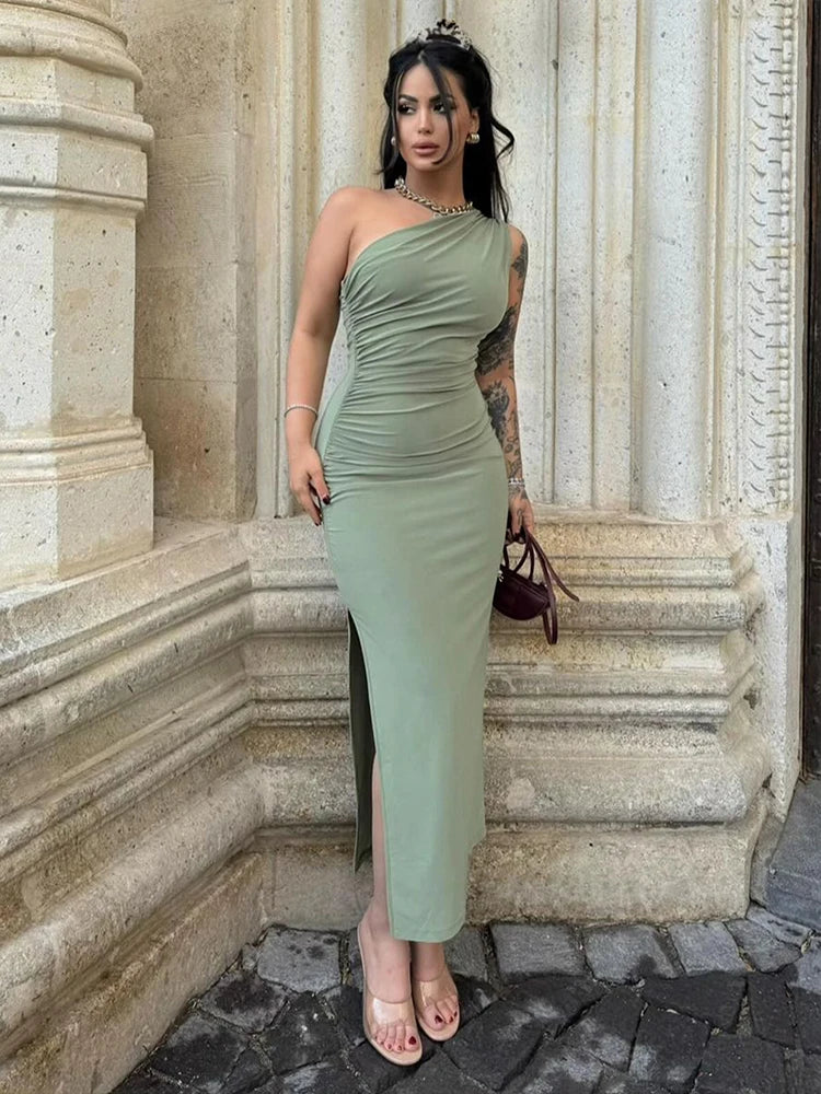Elegant Backless Maxi Dress With One Shoulder Silhouette For Modern Women Rooftop Ready