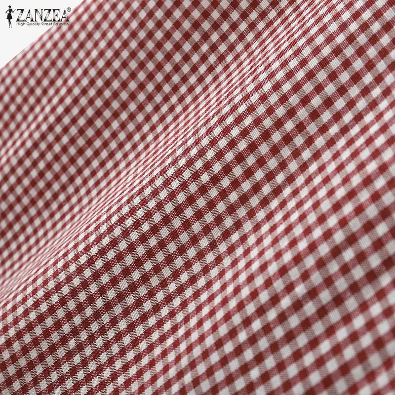 Summer Women's Gingham Knee-Length Dress Suqare Neck Short Puff Sleeve A-Line Ruffled Hem Dresses ZANZEA Daily Casual Robe Femme
