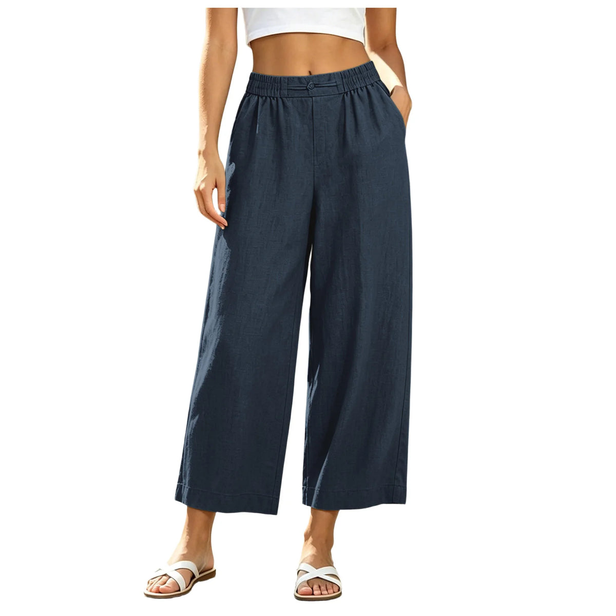 Women's Cotton Linen Blend Wide Leg Palazzo Pants with Pockets