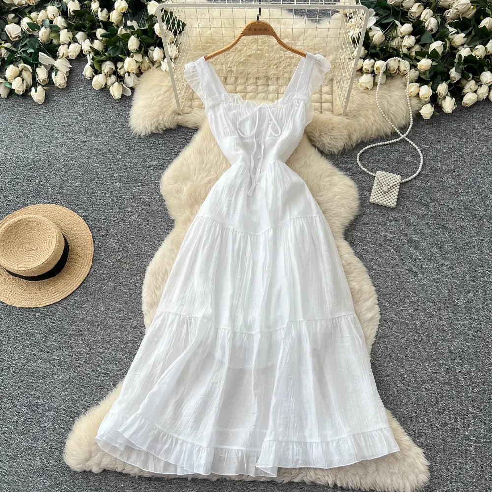 Summer French Sweet Camisole Ruffle Edge Dress for Women New Style with Straps Waist Cinching Vacation Style Dress C579