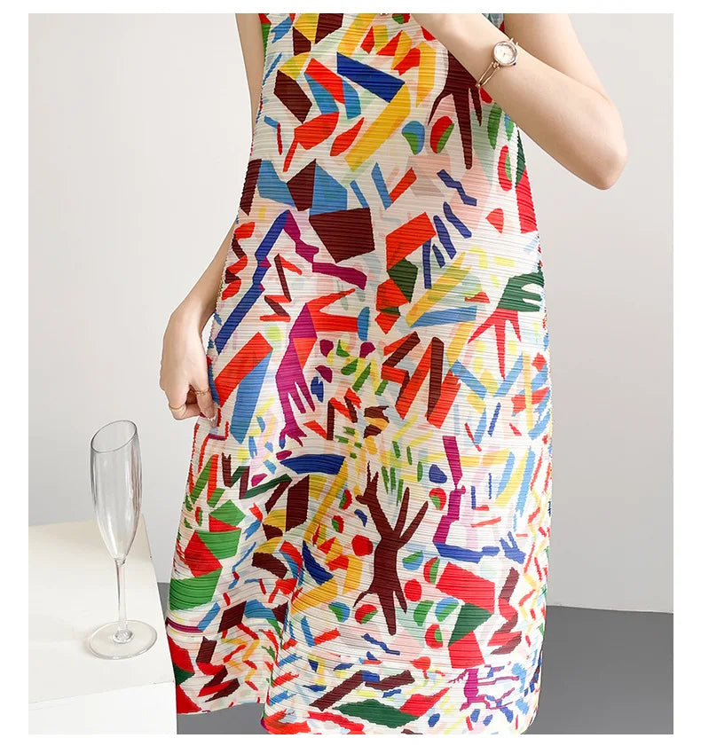 2026 Summer Retro Print Design Flared Dress Women Loose Fit Plus Size Fashion Elegant Sleeveless Dress Travel Vacation Wear