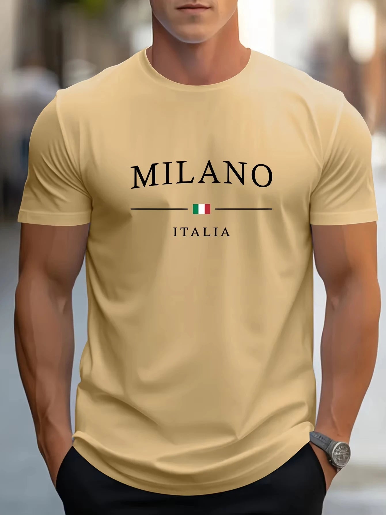 Men'S Summer 100% Cotton Fashion Milano Letter Printed Loose Large Casual Comfortable Round Neck Short Sleeve T-Shirt Top
