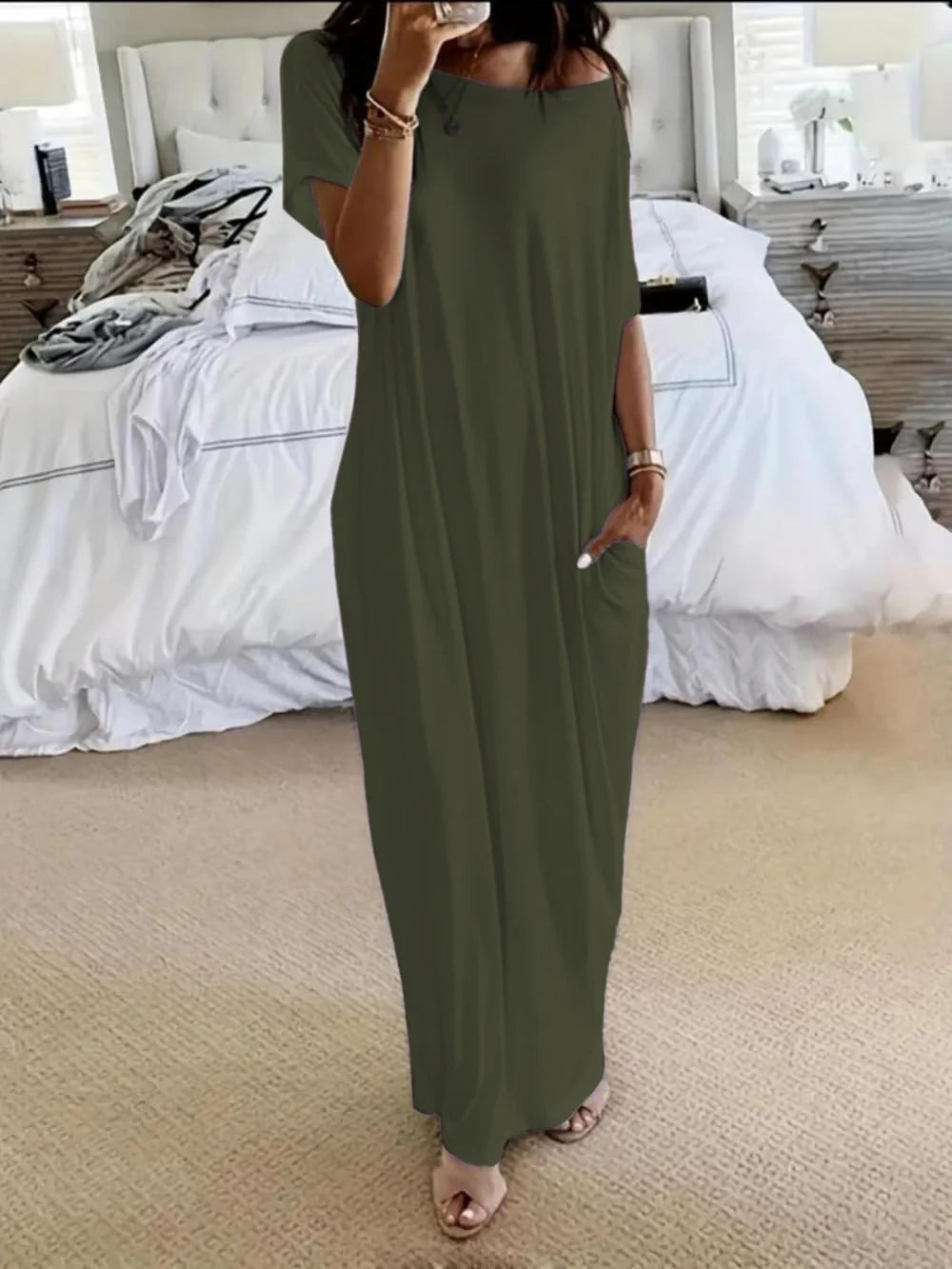 Casual Pure Color Short Sleeve Long Dress Women's Summer New Style Cross-Border TK Loose Waist Milk Fiber Straight Cut Dress