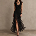 Elegant Party Summer Holiday Print Ruffles Slim Ladies Dress Women Deep V Neck Sleeveless Lace Patchwork Maxi Dress Streetwear