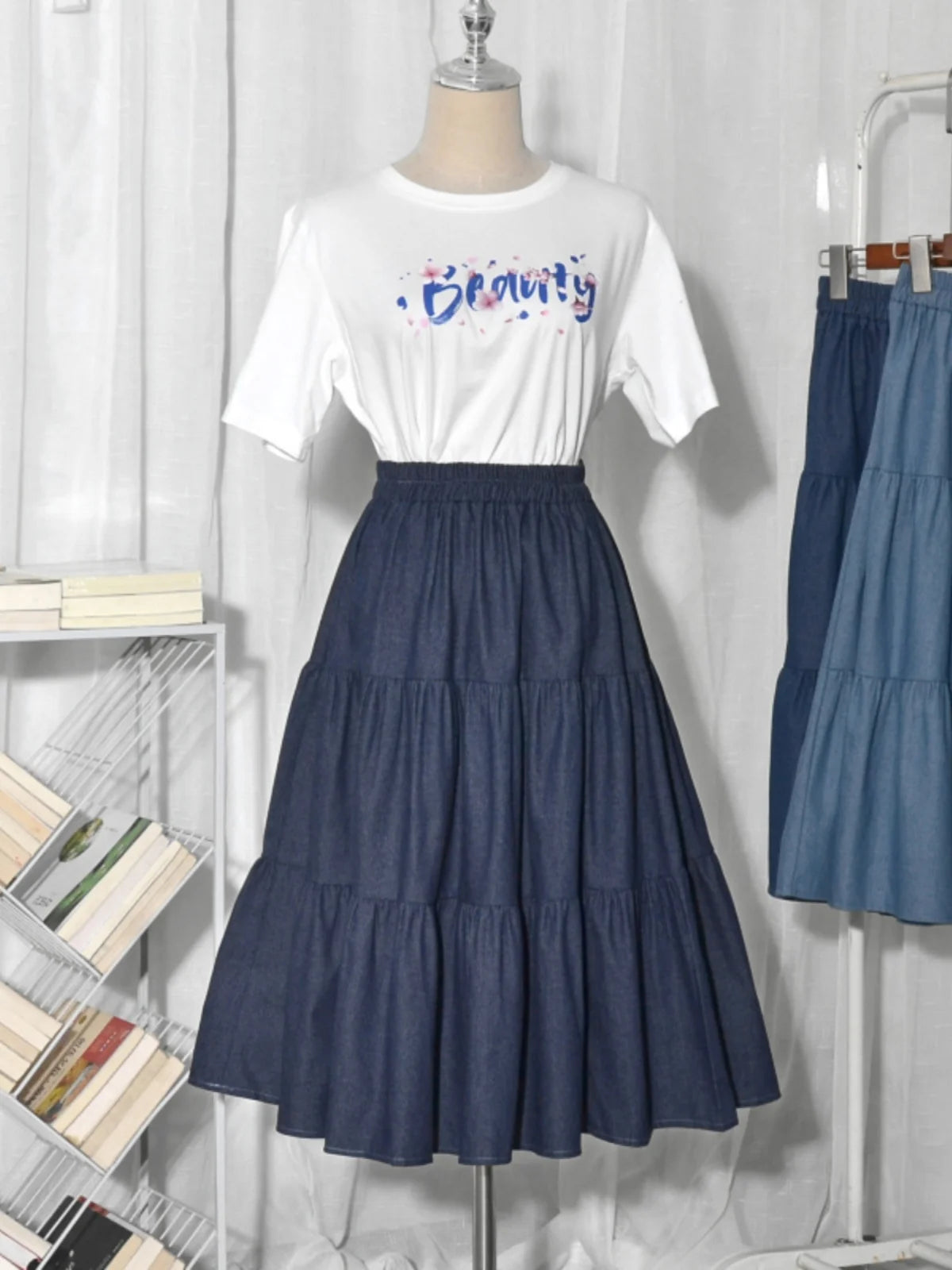 Summer Cake Splicing Denim Skirt Women's A-Line Midi Retro Elastic Waist Slimming Fat MM Light-Colored Skirts Korean Sle Hi...