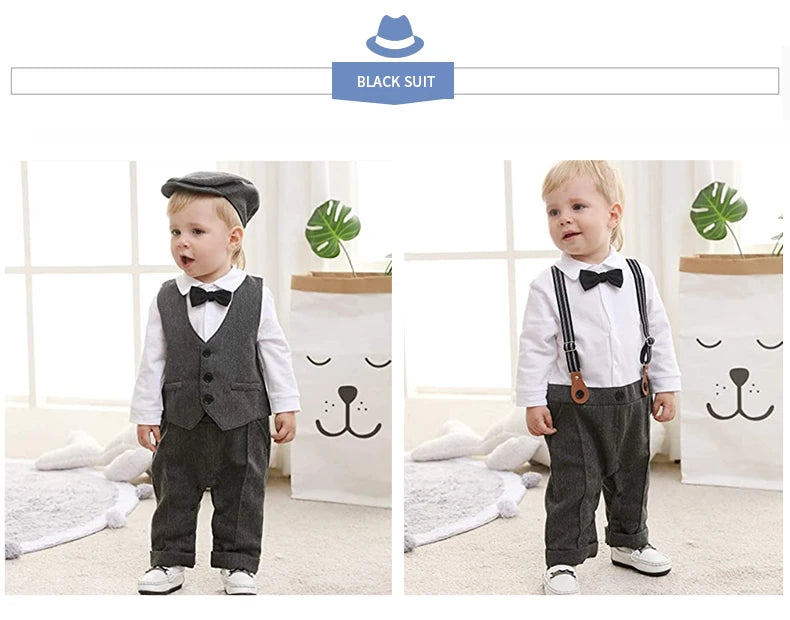 Baby Boys Gentleman Suit Formal 1st Birthday Newborn Outfit One-piece Jumpsuit+Vest+Bowtie+Suspender Toddler Clothes 1 2 3 years