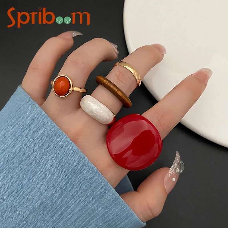 Retro Rings Set For Woman Red Green Resin Gold Color Ring Pink Butterfly Flower Enamel Jewelry Star Snake Geometric Accessories