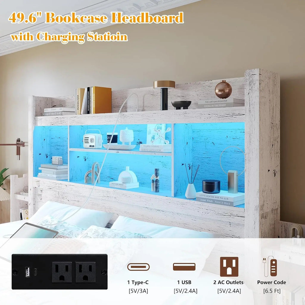 White Queen Storage Bed Bookcase Headboard Charging Station 4 Drawers Wood Platform No Box Spring, Customized