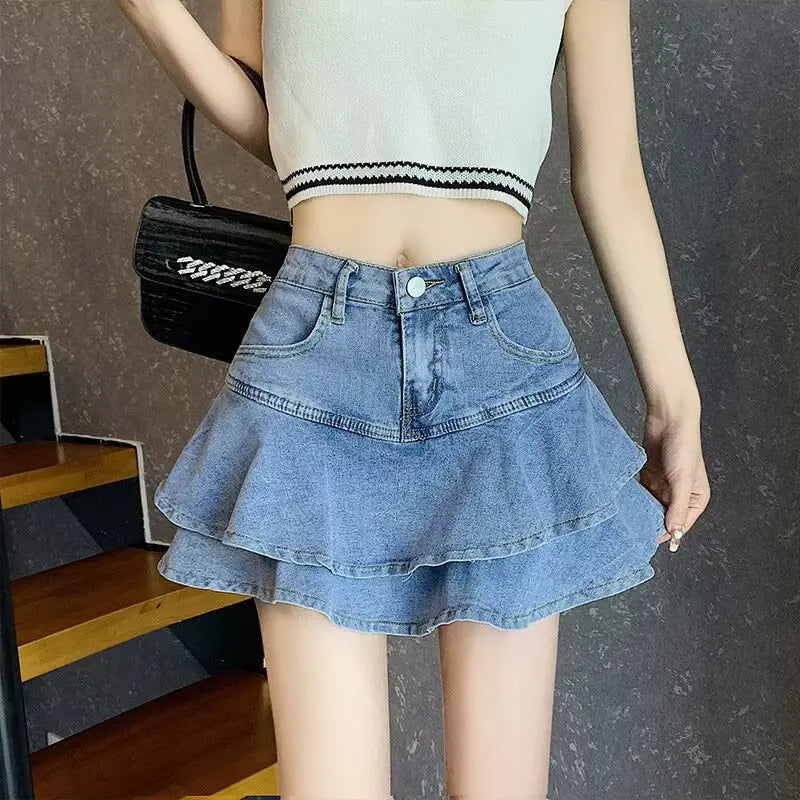 Slimming High Waist A- Line Denim Mini Skirt with Lace Hem for Women Summer Fish Tail Flared Skirt plus Size Cotton Blend