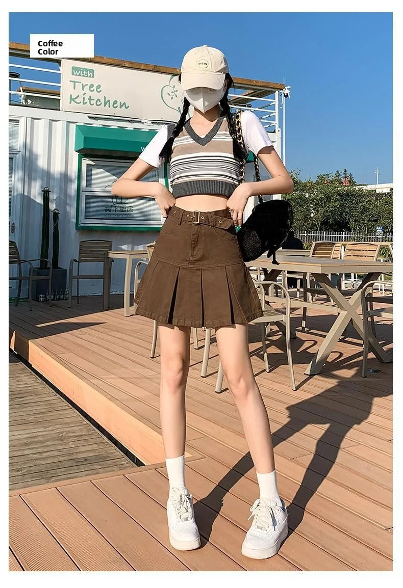 Retro American Blue Hot Girl Pleated Denim  Skirt Women's Summer New Pure Desire A-Line High Waist Short Skirt