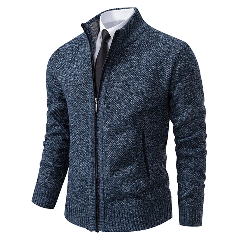 Men's Fleece Zip Cardigan Warm Stand Collar Jacket For Autumn Winter Solid Color Casual Sportswear For Men