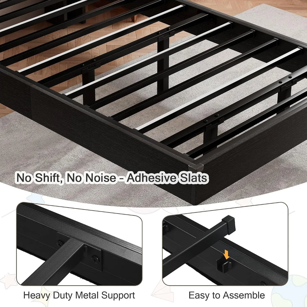 Twin Bed Frames with LED Lights and Charging Station - Wood Floating Bed Frame with Storage Headboard, Adhesive Slats, Kick-Free