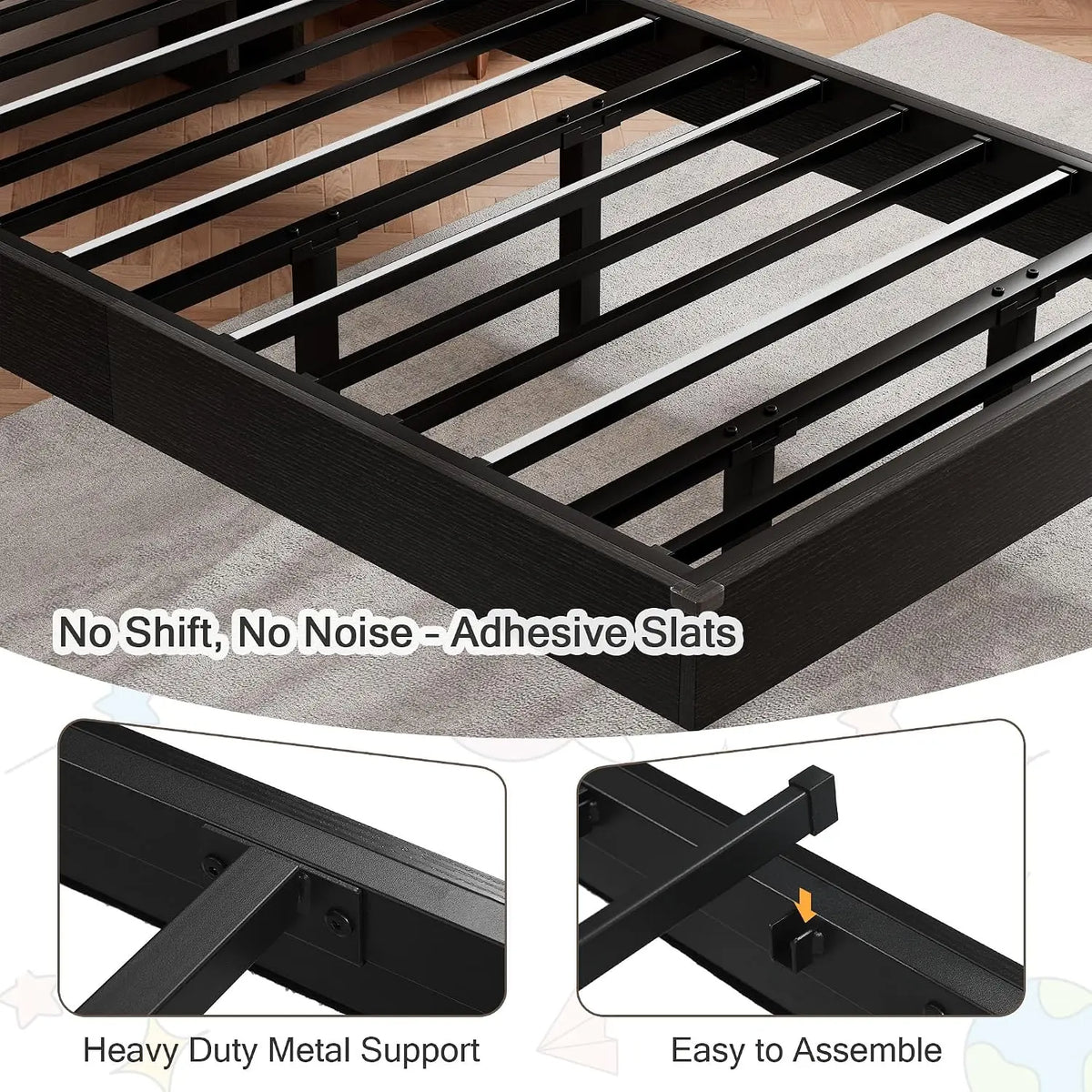 Twin Bed Frames with LED Lights and Charging Station - Wood Floating Bed Frame with Storage Headboard, Adhesive Slats, Kick-Free