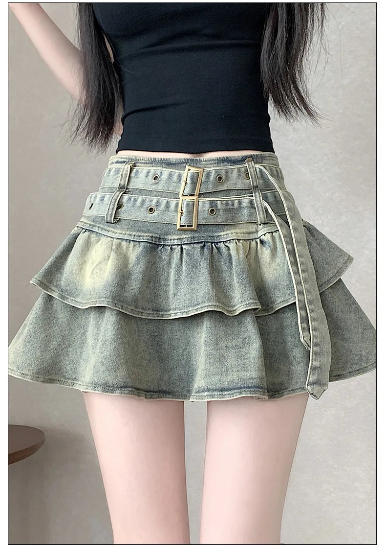American Pure Desire Spicy Girl Design Elastic Denim Skirt Half-length Pleated Cake Skirt Short Commute High Elasticity