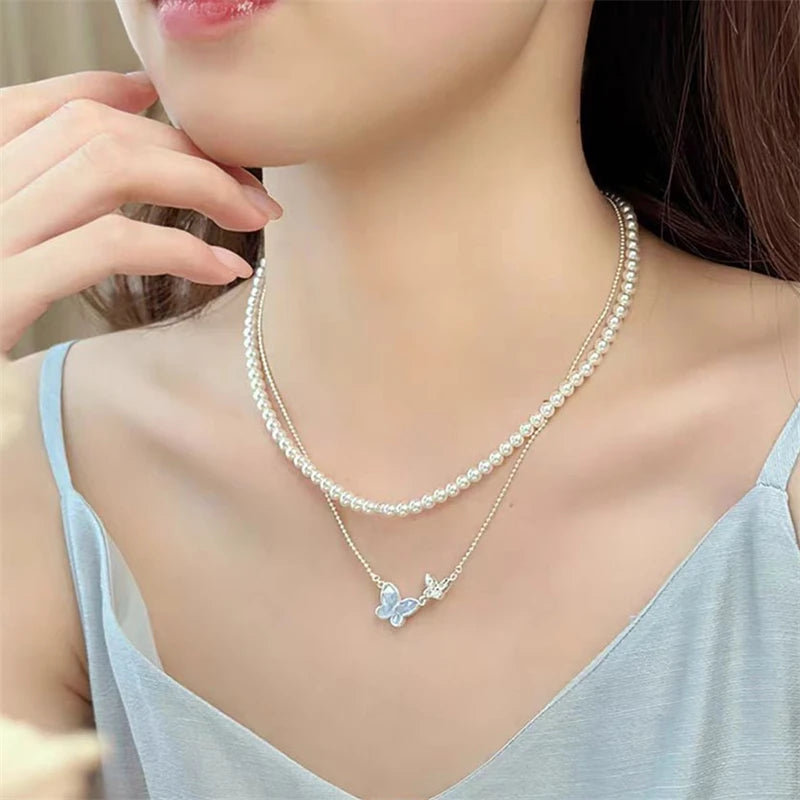 Light Luxury Shiny Zircon Butterfly Bracelet For Women'S Blue Rhinestone Double Butterfly Necklace Earring Set Girls Jewelry