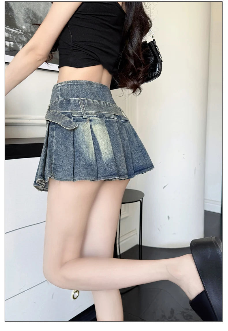 High Waist A-Line  Skirt Women's Denim Pleated Half Body Summer New Style Comfortable Soft Korean Version City Commute