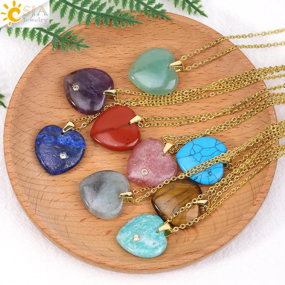 Csja Stainless Steel Natural Stone Heart Pendant Necklaces Charms Crystal Amethyst Rose Quartz Necklace Accessory Making H840