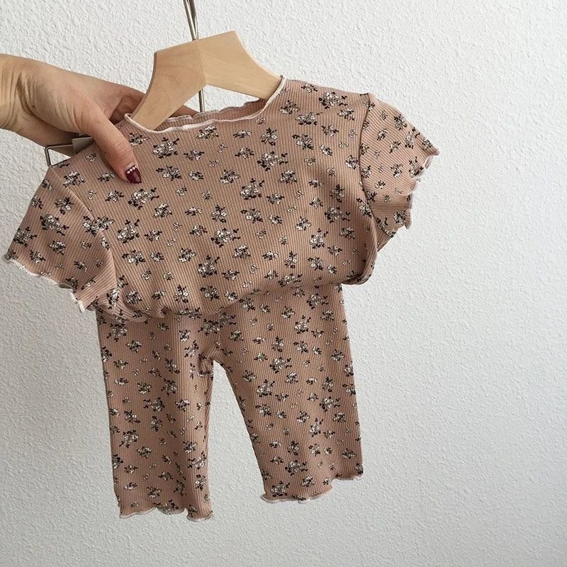 Summer T-shirt Sets Fashion Girls Short Sleeve Suits Kids Flower Printed Tops+Pants 2Pcs Children Casual Clothes Outfits