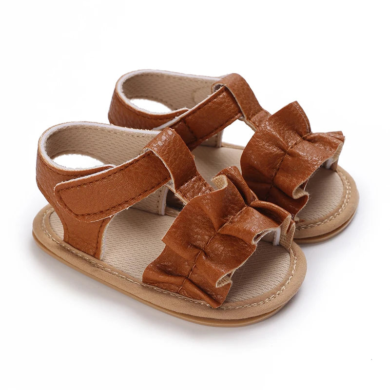 Baby Girls' Brown Leather Sandals - Soft Rubber Sole, 0-18 Months
