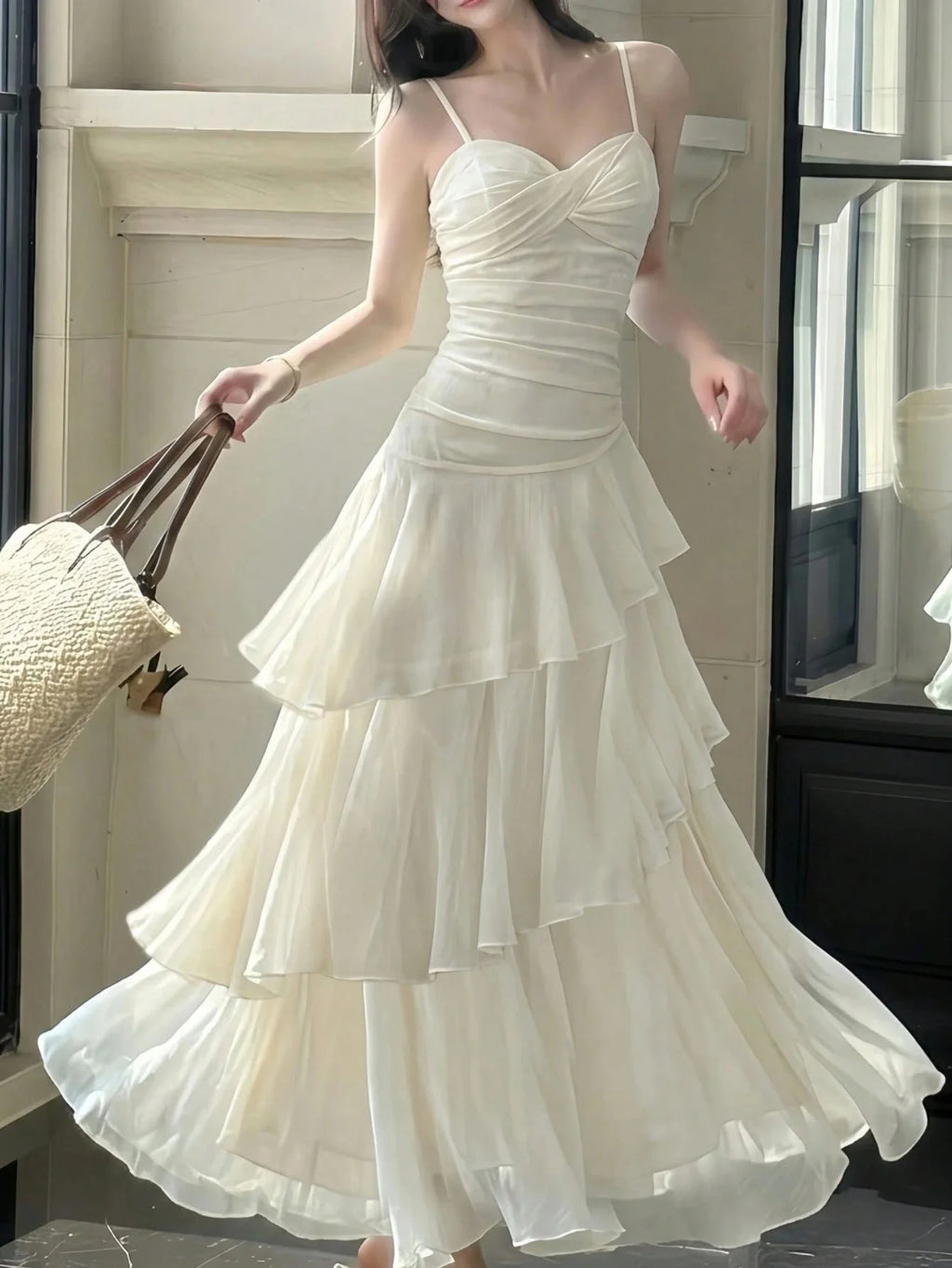 Women Summer Elegant Ruffles Spaghetti Strap Long Dresses Fashion Chic Slim Fit Birthday Cocktail Party Dress Female New Robe