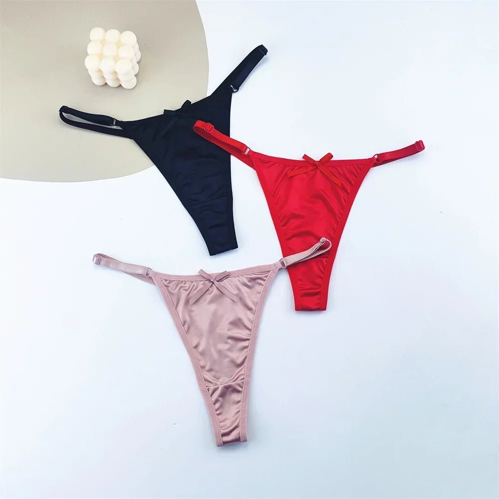 3PCS Women's Adjustable Satin G-String Thong Panties - Low-Rise Bow