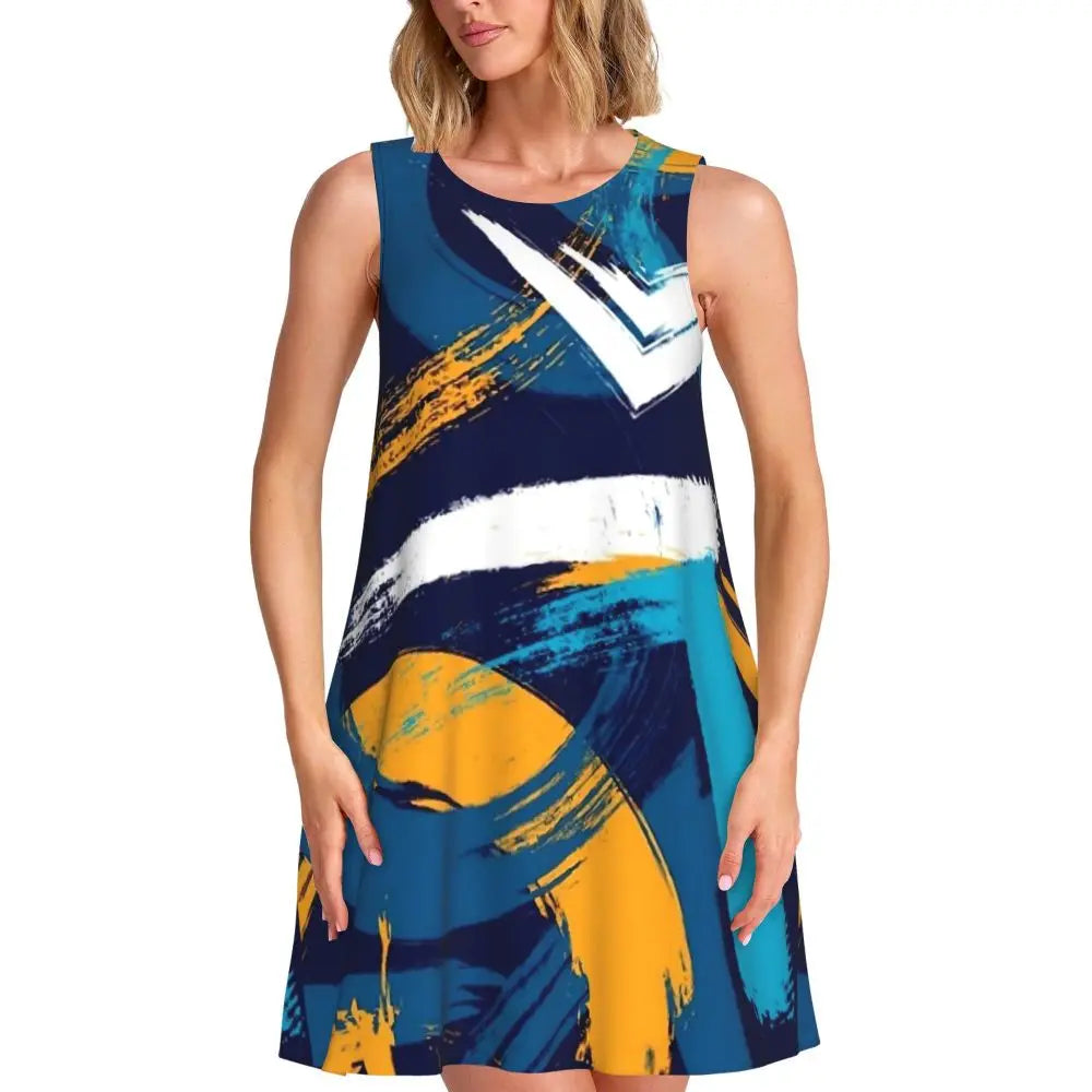 Abstract Brush Print Casual Dress Colorful Print Sleeveless Pretty Dresses Woman Crewneck Aesthetic Dress Spring Print Clothes