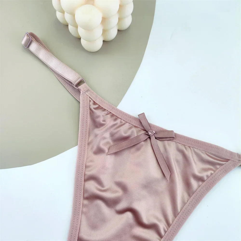 3PCS Adjustable Satin Thong Women Sexy G-string Underwear Low Waist T Back Peach Buttocks Tempting Sexy Bow Lingerie