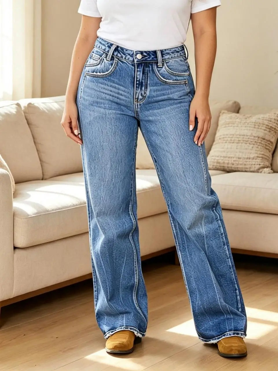 【HME】Jeans | Curvy‑Friendly High Waist Denim Pants Ladies, Retro Flare Wide‑Leg Denim Jeans With Natural Stone‑Wash Finish, Frayed Raw Hem, Stretch Comfort Pants, Classic Five‑Pocket Design For Weekend And Casual